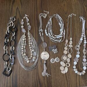 Chico’s Statement Necklace & Earring Lot of 8 Silver Black Beads Chain Runaway